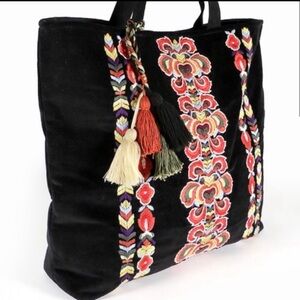 Large black velvet tote handbag with embroidery in vibrant colors❤️